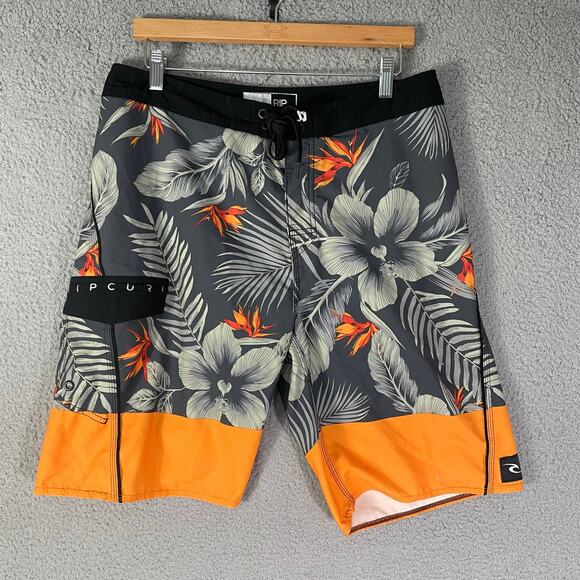 Rip Curl 32 Board Shorts Black Orange Floral Hibiscus Print Swim Surf Trunks - Picture 2 of 10